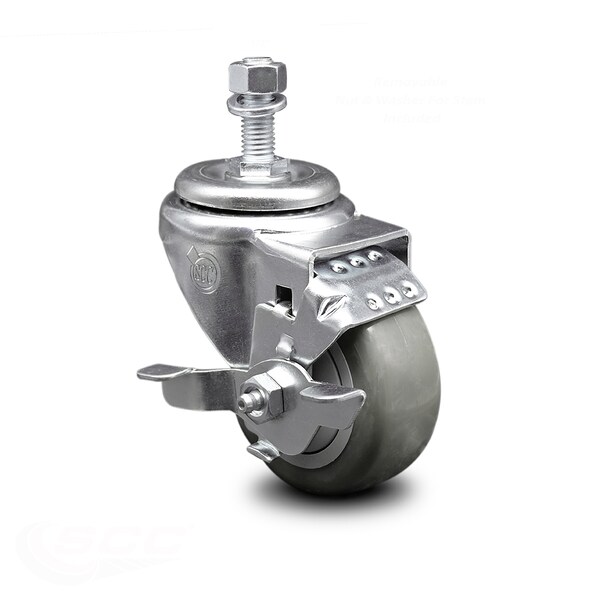 Service Caster 3.5 Inch Gray Polyurethane Wheel Swivel 1/2 Inch Threaded Stem Caster with Brake SCC-TS20S3514-PPUB-TLB-121315 - main